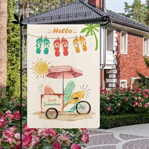 YOVOYOA Hello Summer Popsicles Garden Flag for Outside, 12.5 x 18 Inch Double Sided Hello Sunshine Flip Flops Flag, Happy Holidays Welcome Flag for Patio Lawn Yard Outdoor Decor