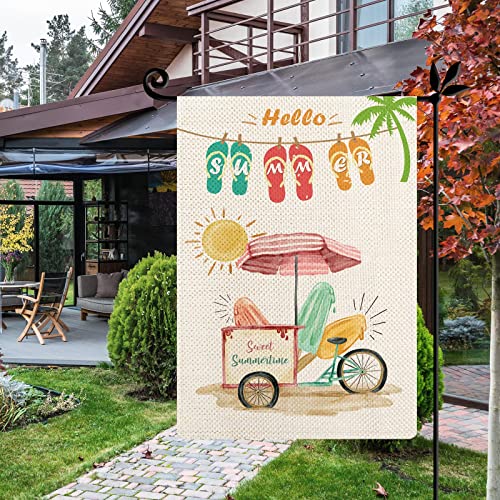 YOVOYOA Hello Summer Popsicles Garden Flag for Outside, 12.5 x 18 Inch Double Sided Hello Sunshine Flip Flops Flag, Happy Holidays Welcome Flag for Patio Lawn Yard Outdoor Decor