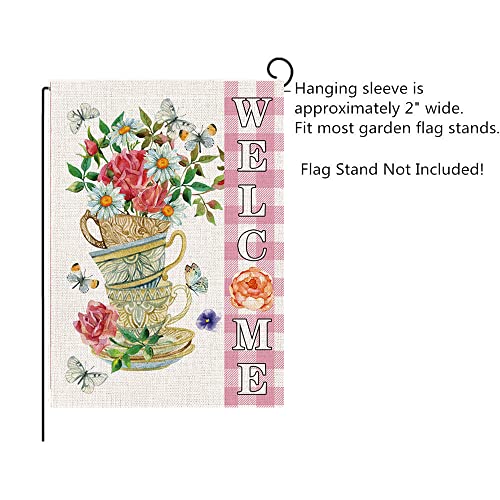 Welcome Flower Garden Flags, Spring Buffalo Plaid Vertical Double Sized Burlap Flag for House Yard Outdoor Decor 12.5 x 18 Inch