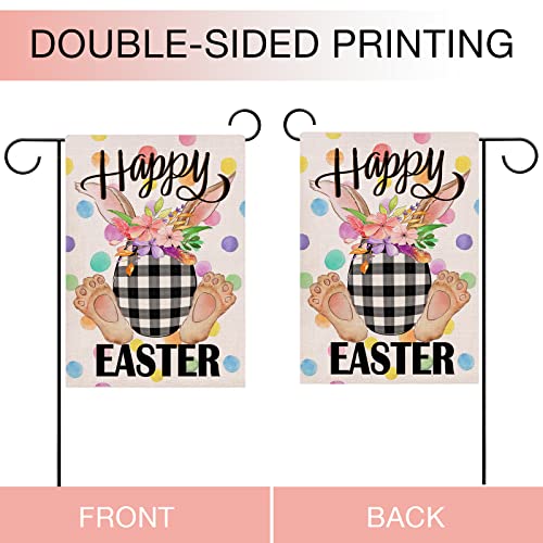 Hzppyz Happy Easter Garden Flag Double Sided, Easter Eggs Bunny Rabbit Decorative Yard Outdoor Home Small Decor, Buffalo Plaid Polka Dots Spring Farmhouse Burlap Outside House Decoration 12 x 18