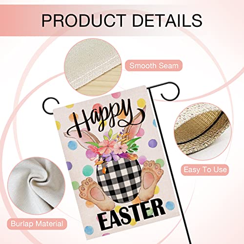 Hzppyz Happy Easter Garden Flag Double Sided, Easter Eggs Bunny Rabbit Decorative Yard Outdoor Home Small Decor, Buffalo Plaid Polka Dots Spring Farmhouse Burlap Outside House Decoration 12 x 18