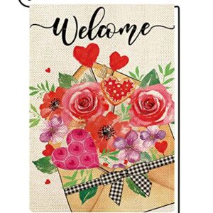 ORTIGIA Valentines Day Sending Love Garden Flag 12x18 Inch Vertical Double Sided Envelope Rose Heart Flowers Flag for Outside Yard Anniversary Wedding Party Yard Outdoor Decoration