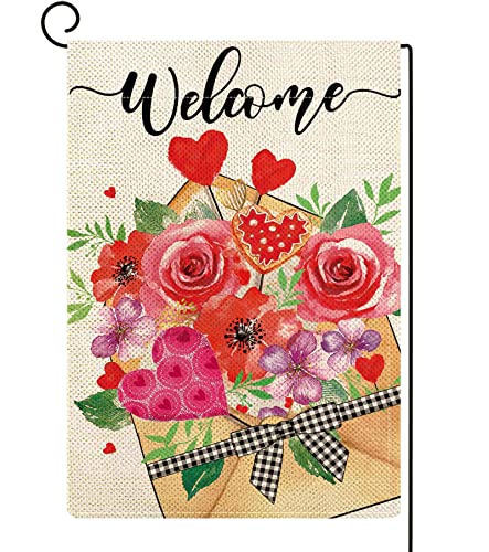 ORTIGIA Valentines Day Sending Love Garden Flag 12x18 Inch Vertical Double Sided Envelope Rose Heart Flowers Flag for Outside Yard Anniversary Wedding Party Yard Outdoor Decoration