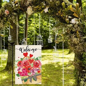 ORTIGIA Valentines Day Sending Love Garden Flag 12x18 Inch Vertical Double Sided Envelope Rose Heart Flowers Flag for Outside Yard Anniversary Wedding Party Yard Outdoor Decoration