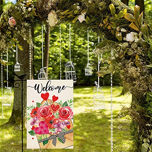 ORTIGIA Valentines Day Sending Love Garden Flag 12x18 Inch Vertical Double Sided Envelope Rose Heart Flowers Flag for Outside Yard Anniversary Wedding Party Yard Outdoor Decoration