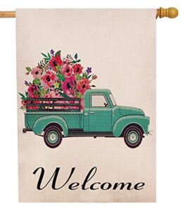 selmad welcome spring truck decorative house flag, flower pickup home yard garden outdoor decor, summer large outside decoration double sided 28 x 40