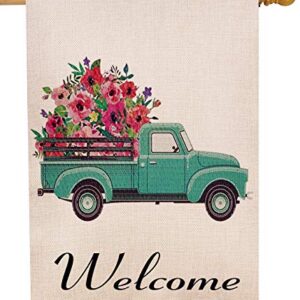 Selmad Welcome Spring Truck Decorative House Flag, Flower Pickup Home Yard Garden Outdoor Decor, Summer Large Outside Decoration Double Sided 28 x 40