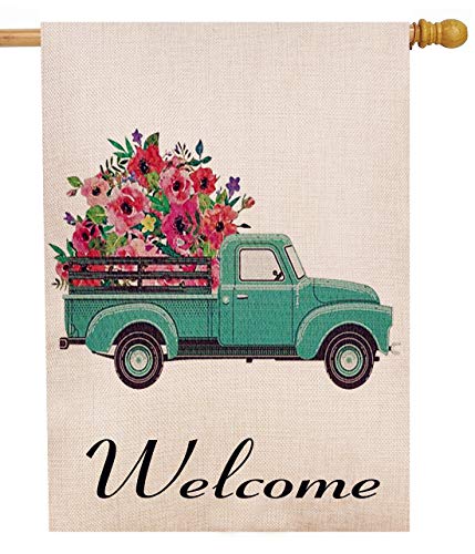 Selmad Welcome Spring Truck Decorative House Flag, Flower Pickup Home Yard Garden Outdoor Decor, Summer Large Outside Decoration Double Sided 28 x 40