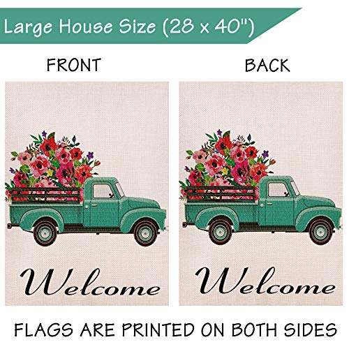 Selmad Welcome Spring Truck Decorative House Flag, Flower Pickup Home Yard Garden Outdoor Decor, Summer Large Outside Decoration Double Sided 28 x 40