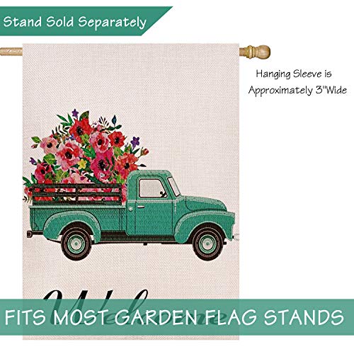 Selmad Welcome Spring Truck Decorative House Flag, Flower Pickup Home Yard Garden Outdoor Decor, Summer Large Outside Decoration Double Sided 28 x 40