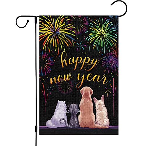 Happy New Year Garden Flag 12x18 Double Sided Vertical, Burlap Small Fireworks Cat Dog New Year Eve Yard Flag Sign Welcome Holiday Winter House Outdoor Outside Decorations (ONLY FLAG)