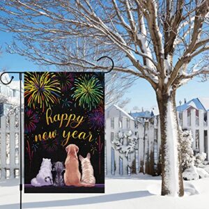 Happy New Year Garden Flag 12x18 Double Sided Vertical, Burlap Small Fireworks Cat Dog New Year Eve Yard Flag Sign Welcome Holiday Winter House Outdoor Outside Decorations (ONLY FLAG)