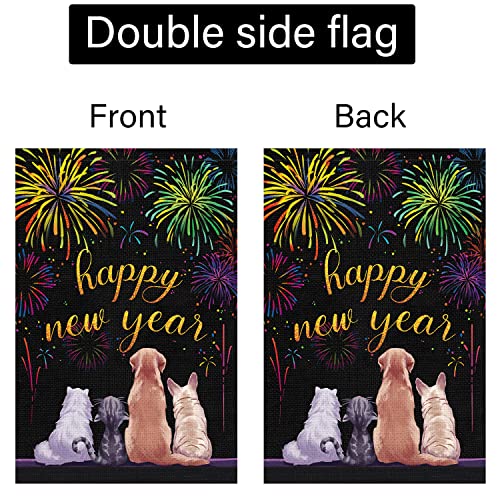 Happy New Year Garden Flag 12x18 Double Sided Vertical, Burlap Small Fireworks Cat Dog New Year Eve Yard Flag Sign Welcome Holiday Winter House Outdoor Outside Decorations (ONLY FLAG)