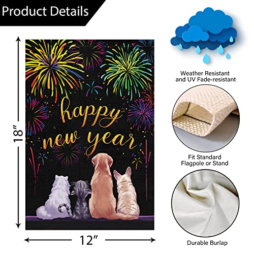 Happy New Year Garden Flag 12x18 Double Sided Vertical, Burlap Small Fireworks Cat Dog New Year Eve Yard Flag Sign Welcome Holiday Winter House Outdoor Outside Decorations (ONLY FLAG)