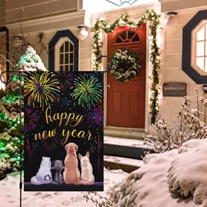 Happy New Year Garden Flag 12x18 Double Sided Vertical, Burlap Small Fireworks Cat Dog New Year Eve Yard Flag Sign Welcome Holiday Winter House Outdoor Outside Decorations (ONLY FLAG)