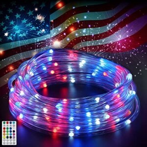 4th of july rope lights for memorial day, 33 ft 100 leds waterproof outdoor neon rope lights with 16 colors mode and remote for home garden yard, patriotic independence day memorial labor day decor