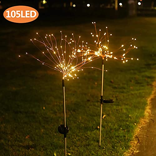 Solar Firework Lights 2 Packs Solar Garden Decorative Lights Outdoor 105 LED 2 Modes Firework String Light Waterproof Landscape Fairy Lights for Yard Lawn Pathway Christmas Party Decor (Warm White)