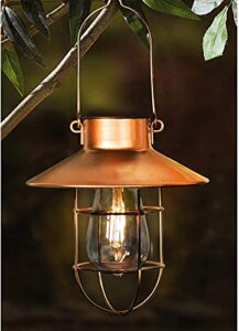 hanging solar lights lantern lamp with shepherd hook,metal waterproof edison bulb lights for garden outdoor pathway (copper)