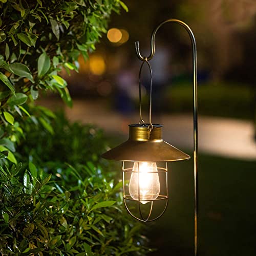 Hanging Solar Lights Lantern Lamp with Shepherd Hook,Metal Waterproof Edison Bulb Lights for Garden Outdoor Pathway (Copper)