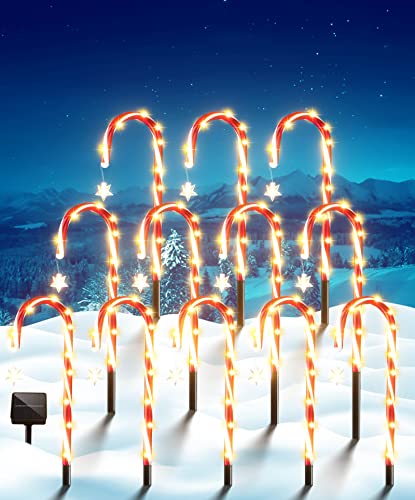 12 Pack Solar Christmas Candy Cane Lights, 21" Candy Cane Pathway Lights Outdoor Markers Christmas Decorations Lights with 8 Lighting Modes, for Xmas Holiday Party Garden Walkway Patio Garden Decor