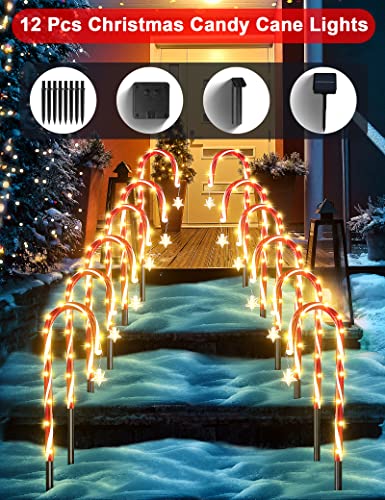 12 Pack Solar Christmas Candy Cane Lights, 21" Candy Cane Pathway Lights Outdoor Markers Christmas Decorations Lights with 8 Lighting Modes, for Xmas Holiday Party Garden Walkway Patio Garden Decor