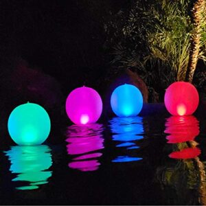 rukars floating ball pool light solar powered 4 pcs, 14 inch inflatable hangable ip68 waterproof rechargeable color changing led glow globe pool