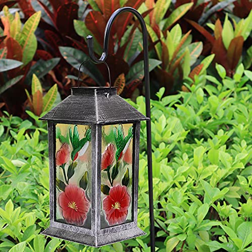 Solar Lanterns Outdoor Hanging Light - Solar Powered Glass Lantern Outdoor Waterproof Garden Light with Hummingbird and Flower Pattern Table Patio Yard Pathway Decor Christmas Gift