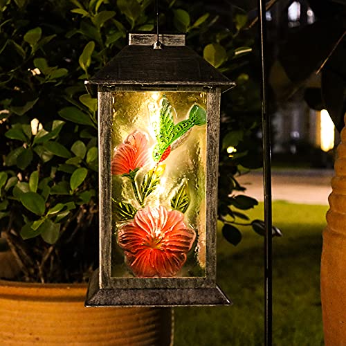 Solar Lanterns Outdoor Hanging Light - Solar Powered Glass Lantern Outdoor Waterproof Garden Light with Hummingbird and Flower Pattern Table Patio Yard Pathway Decor Christmas Gift