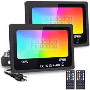 upgraded 2 pack 25w rgb led flood light outdoor,diy color changing party light stage light yard light with remote, indoor spot light floodlights waterproof timing dimmable uplights for events