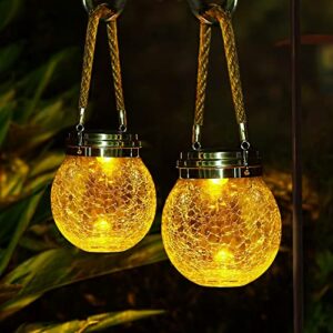 tonyest outdoor solar lantern, 2 pack led amber warm hanging lanterns garden solar lights decorative crackle glass ball waterproof, solar powered with 2 optional modes for table deck yard patio decor