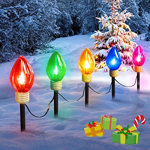 Brightown Jumbo C9 Christmas Lights Outdoor Decorations Lawn with Pathway Marker Stakes, 8.5 Ft C7 String Lights Covered Jumbo Multicolored Light Bulb for Holiday Outside Yard Garden Decor