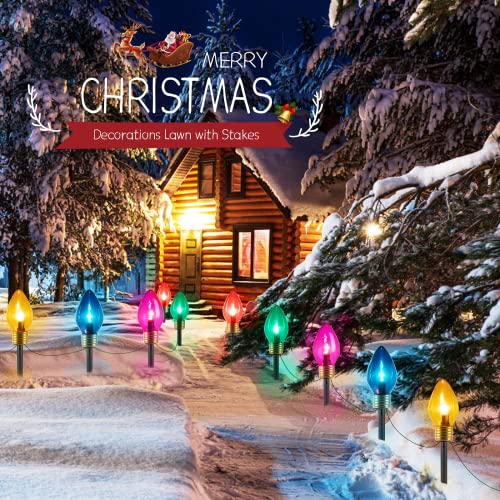 Brightown Jumbo C9 Christmas Lights Outdoor Decorations Lawn with Pathway Marker Stakes, 8.5 Ft C7 String Lights Covered Jumbo Multicolored Light Bulb for Holiday Outside Yard Garden Decor