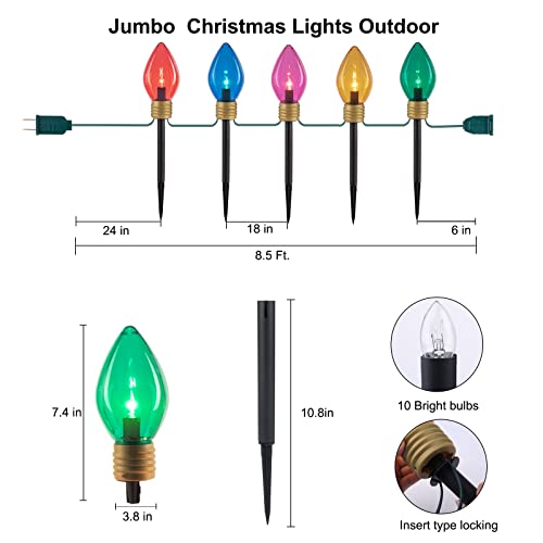 Brightown Jumbo C9 Christmas Lights Outdoor Decorations Lawn with Pathway Marker Stakes, 8.5 Ft C7 String Lights Covered Jumbo Multicolored Light Bulb for Holiday Outside Yard Garden Decor