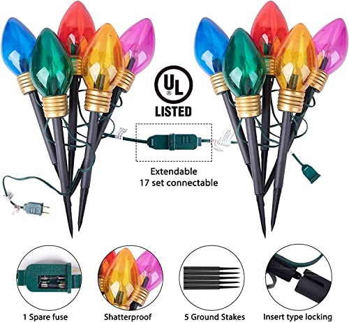 Brightown Jumbo C9 Christmas Lights Outdoor Decorations Lawn with Pathway Marker Stakes, 8.5 Ft C7 String Lights Covered Jumbo Multicolored Light Bulb for Holiday Outside Yard Garden Decor