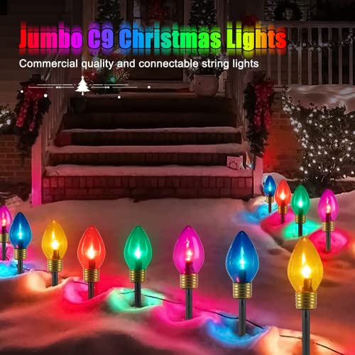 Brightown Jumbo C9 Christmas Lights Outdoor Decorations Lawn with Pathway Marker Stakes, 8.5 Ft C7 String Lights Covered Jumbo Multicolored Light Bulb for Holiday Outside Yard Garden Decor