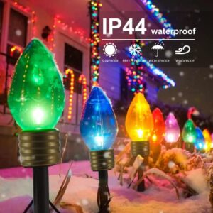 Brightown Jumbo C9 Christmas Lights Outdoor Decorations Lawn with Pathway Marker Stakes, 8.5 Ft C7 String Lights Covered Jumbo Multicolored Light Bulb for Holiday Outside Yard Garden Decor