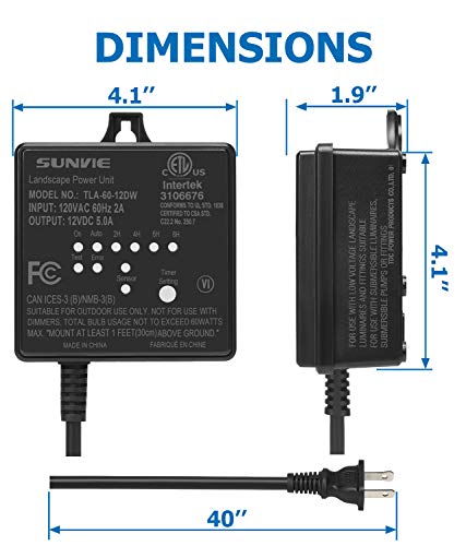 SUNVIE Low Voltage Transformer 60W Landscape Lighting Transformer with Timer and Photocell Sensor 120V AC to 12V DC Waterproof for Outdoor LED Spotlights Garden Pathway Landscape Lights, ETL Listed