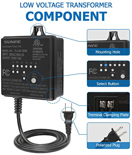 SUNVIE Low Voltage Transformer 60W Landscape Lighting Transformer with Timer and Photocell Sensor 120V AC to 12V DC Waterproof for Outdoor LED Spotlights Garden Pathway Landscape Lights, ETL Listed