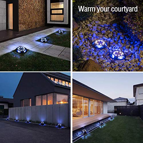 Raising Witt Solar Ground Lights Outdoor 8 Packs LED Disk Lights Solar Powered Waterproof In-ground Lights For Garden Deck Stair Step Lawn Patio Driveway Walkway Pathway Yard decoration (White + Blue)