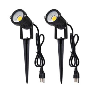 aotstik outdoor led spotlights 5w, 120v ac, 3000k warm white, outdoor use, metal ground stake, flag light, outdoor spotlight with stake, ul cord 3-ft with plug, pack of 2