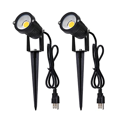 AOTSTIK Outdoor LED Spotlights 5W, 120V AC, 3000K Warm White, Outdoor Use, Metal Ground Stake, Flag Light, Outdoor Spotlight with Stake, UL Cord 3-ft with Plug, Pack of 2