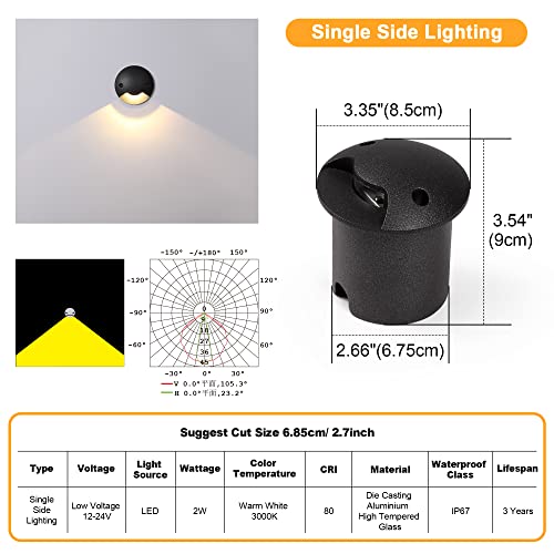 Well Lights Landscape Light Outdoor In Ground Lights Low Voltage LED 2W AC/DC 12V 24V Warm White Waterproof IP67 Aluminium Single Side Lighting for Garden,Yard, Driveway Fence Deck 2Pack