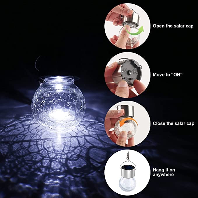 GZKPL Outdoor Solar Light, Waterproof Hanging Lantern Decorative Garden Lights with Cracked Glass & Hook for Patio, Tree, Yard, Camper, Lawn, Pool, Christmas Decor (Cool White)