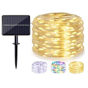 solar rope lights outdoor waterproof led, 40ft 120 leds color changing led rope lights with 8 lighting modes, solar powered string lights for christmas garden swimming pool trampoline deck diy decor