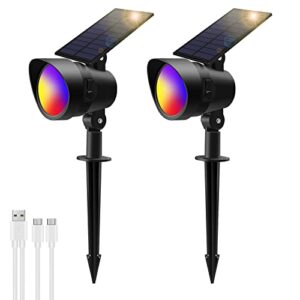 solar christmas lights outdoor waterproof, [7 colors/9 modes] color changing solar landscape spotlights, wireless solar powered pathway lights for garden yard patio porch walkway driveway (2 pack)