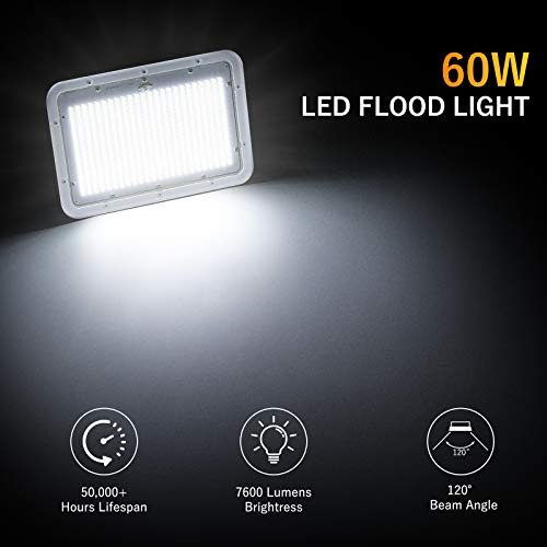 DuuToo [2Pack] 60W LED Flood Light, 7600lm Super Bright Security Lights, IP66 Waterproof Outdoor Flood Light, 6000K Daylight White Floodlight for Yard, Garden, Playground, Basketball Court