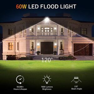 DuuToo [2Pack] 60W LED Flood Light, 7600lm Super Bright Security Lights, IP66 Waterproof Outdoor Flood Light, 6000K Daylight White Floodlight for Yard, Garden, Playground, Basketball Court