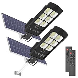 tenkoo 2 pack 400w solar street flood light outdoor motion sensor dusk to dawn solar fixture with remote control ip66 waterproof led pole lights for parking lot stadium garden pathway