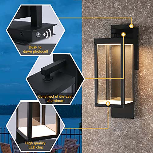 Inowel Outdoor Wall Sconce Lantern Dusk to Dawn Sensor Black LED Exterior Light IP54 Waterproof Classic Wall Light Aluminum Wall Mount Lamp Lighting for Porch Front Door Garden 13W 800Lm 3000K