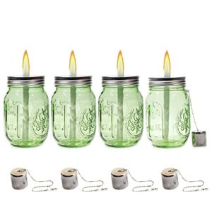 4pcs mason bottle outdoor tabletop torch set with fiberglass wicks, outside decor accessories for yard, patio, deck or garden(green))